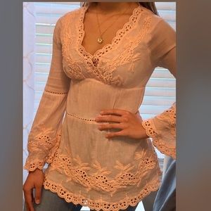 Pink Lace Long Sleeve V-neck Blouse